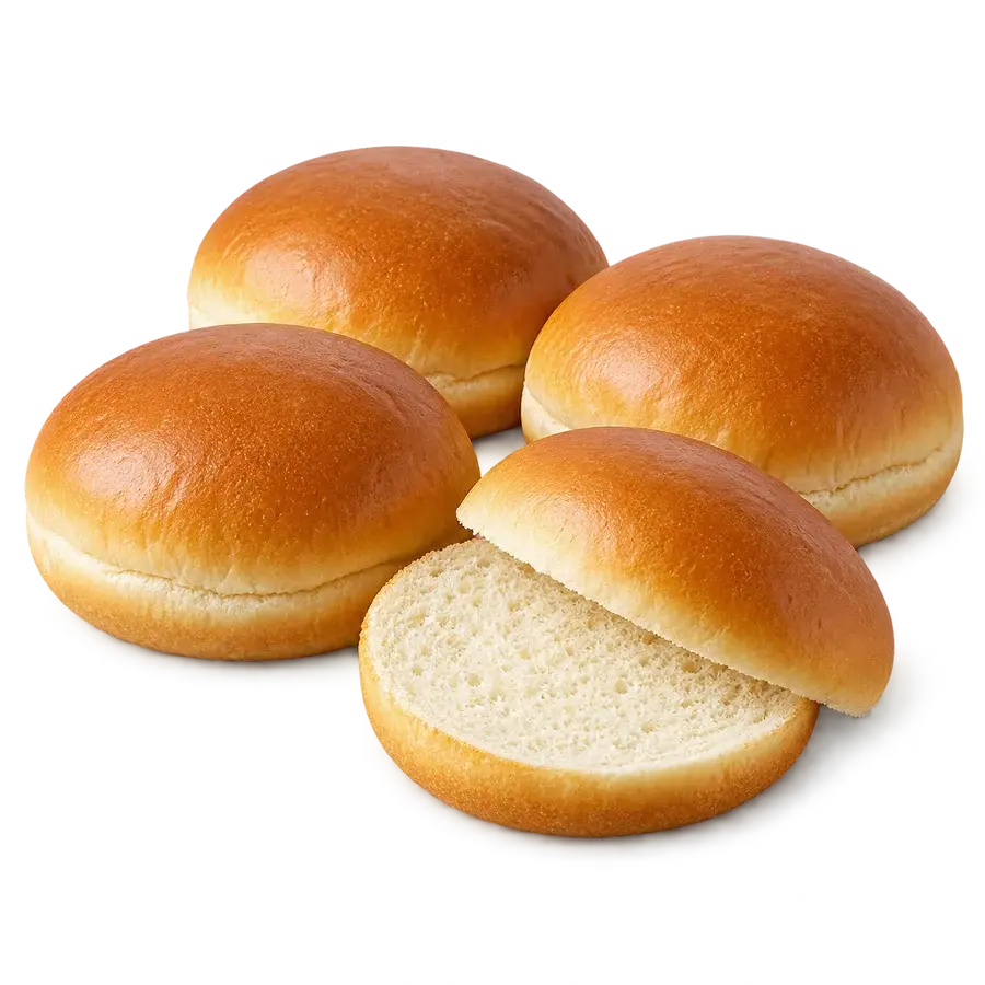 Quatro pãezinhos dourados, um deles cortado ao meio