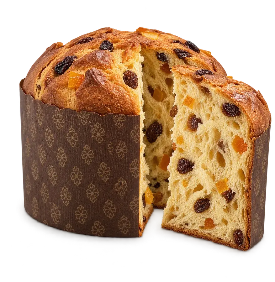 Panetone na forma de papel, com um pedaço cortado mostrando frutas e passas