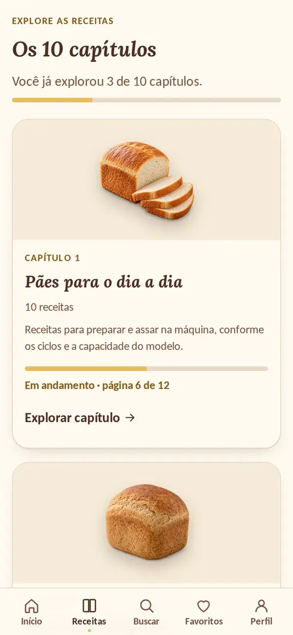 A lista de capítulos do app em um celular