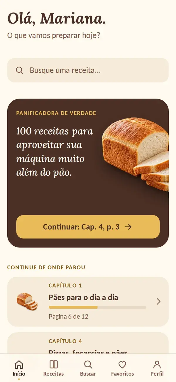 Tela inicial do app Panificadora de Verdade, com a busca e o atalho para continuar