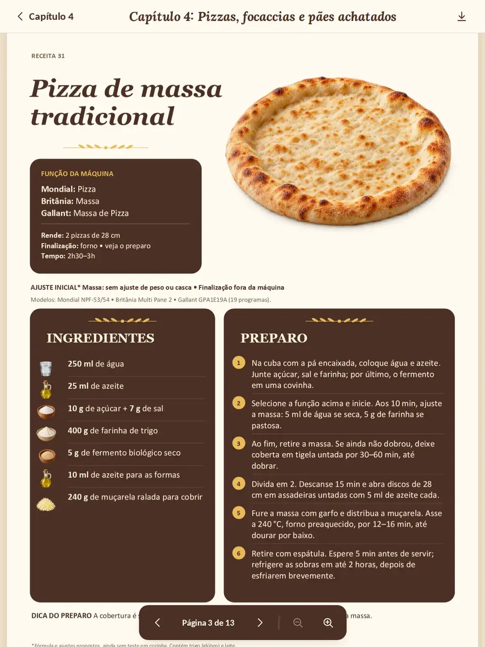 O leitor de PDF do app aberto em um tablet, na ficha da pizza